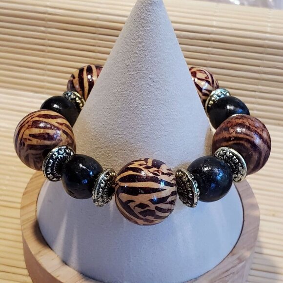 Vintage 90s Y2K Animal Giraffe Print Chunky Wood Beads Stretch Bangle Bracelet - Picture 7 of 11